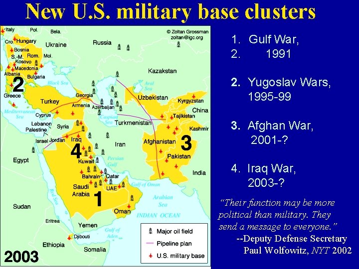 New U. S. military base clusters 1. Gulf War, 2. 1991 2. Yugoslav Wars,