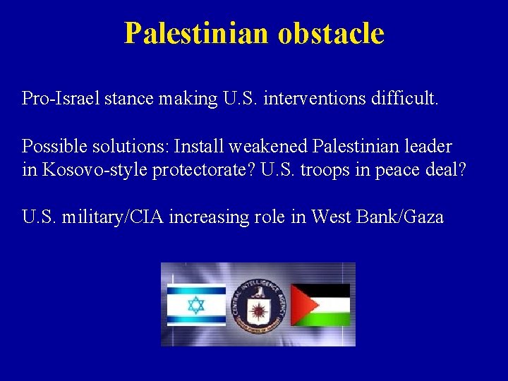 Palestinian obstacle Pro-Israel stance making U. S. interventions difficult. Possible solutions: Install weakened Palestinian