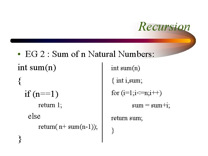 Recursion • EG 2 : Sum of n Natural Numbers: int sum(n) { int
