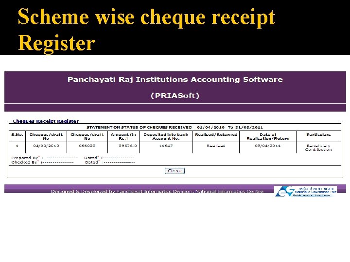 Scheme wise cheque receipt Register 