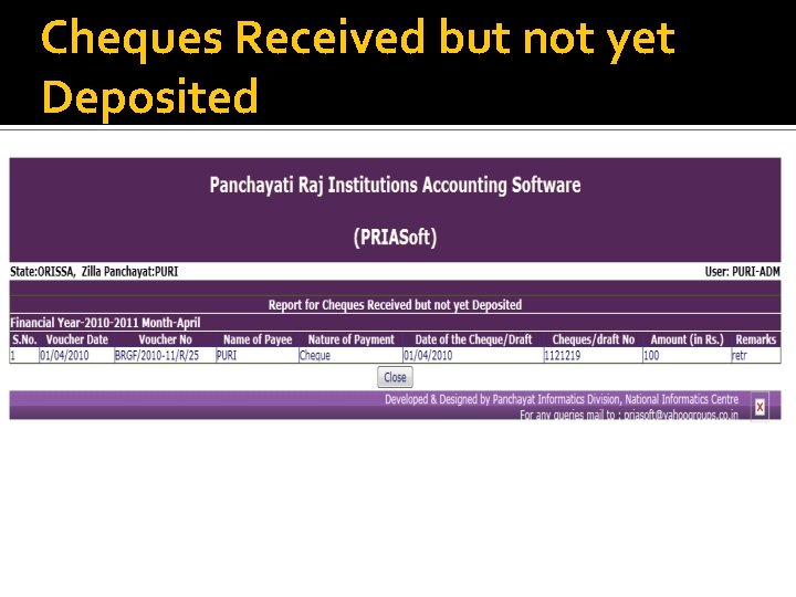 Cheques Received but not yet Deposited 