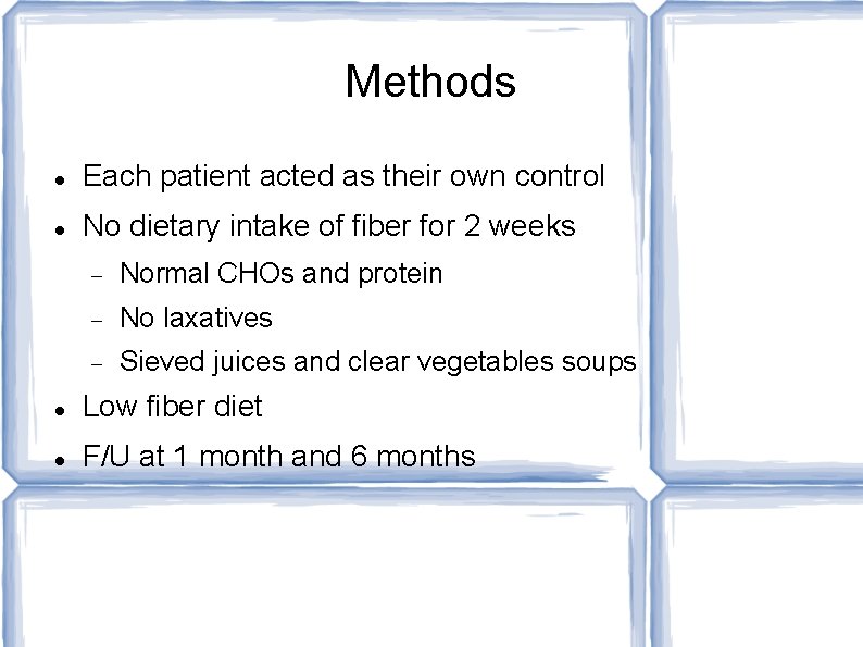 Methods Each patient acted as their own control No dietary intake of fiber for