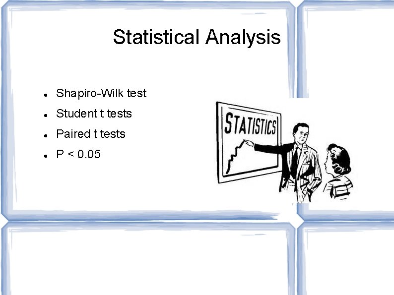 Statistical Analysis Shapiro-Wilk test Student t tests Paired t tests P < 0. 05