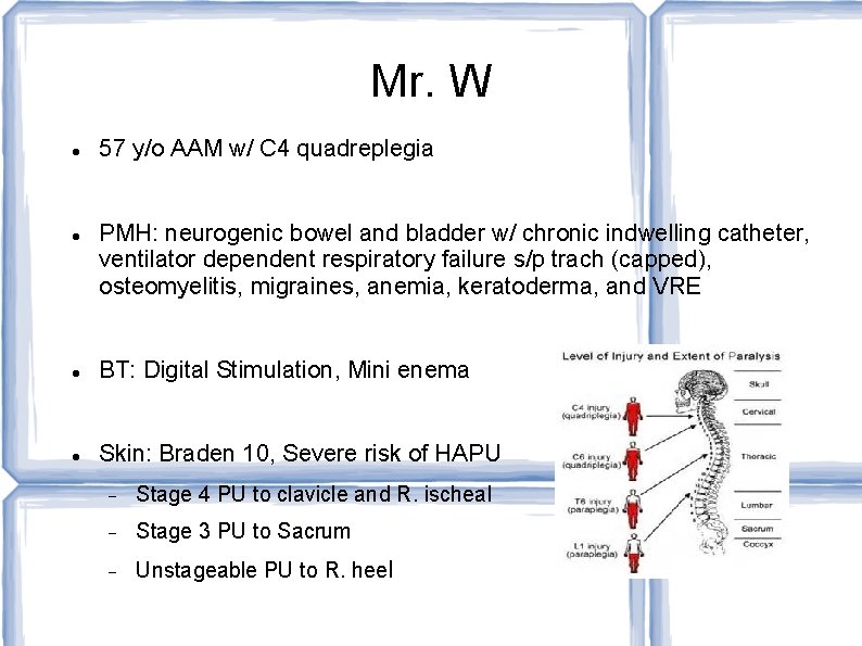 Mr. W 57 y/o AAM w/ C 4 quadreplegia PMH: neurogenic bowel and bladder