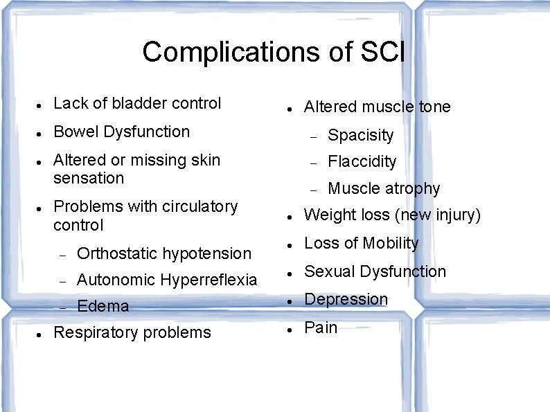 Complications of SCI Lack of bladder control Bowel Dysfunction Spacisity Altered or missing skin