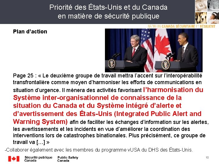 Priorité des États Unis et du Canada en matière de sécurité publique Plan d’action