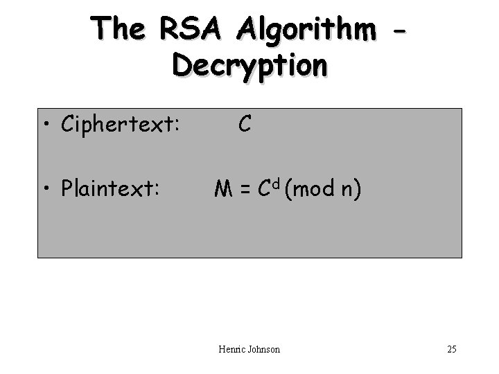 The RSA Algorithm Decryption • Ciphertext: • Plaintext: C M = Cd (mod n) The RSA Algorithm Decryption • Ciphertext: • Plaintext: C M = Cd (mod n)