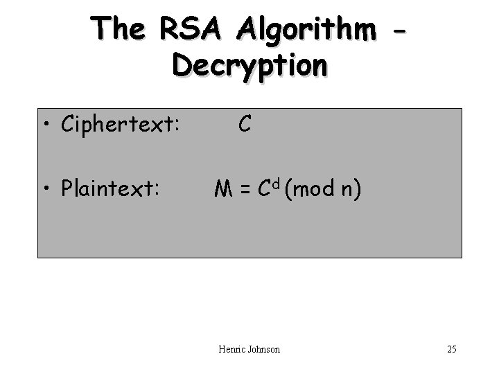 The RSA Algorithm Decryption • Ciphertext: • Plaintext: C M = Cd (mod n)