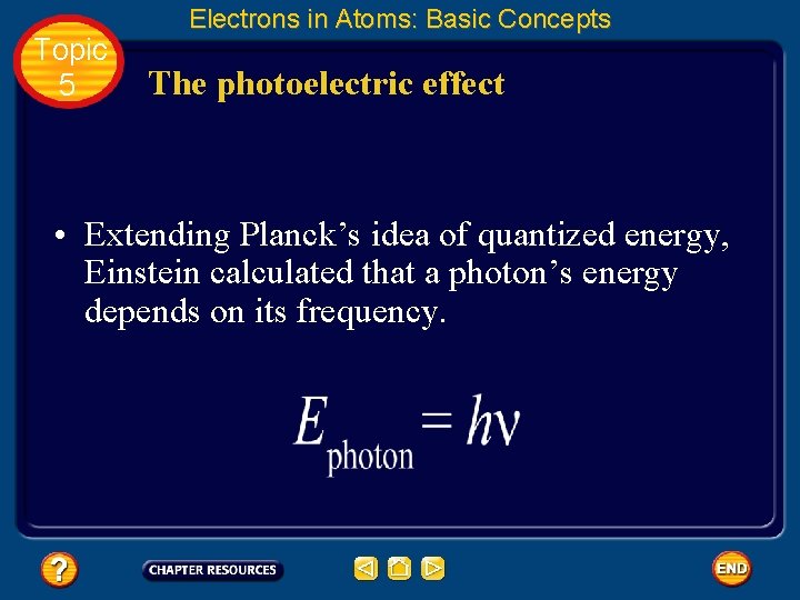 Topic 5 Electrons in Atoms: Basic Concepts The photoelectric effect • Extending Planck’s idea Topic 5 Electrons in Atoms: Basic Concepts The photoelectric effect • Extending Planck’s idea