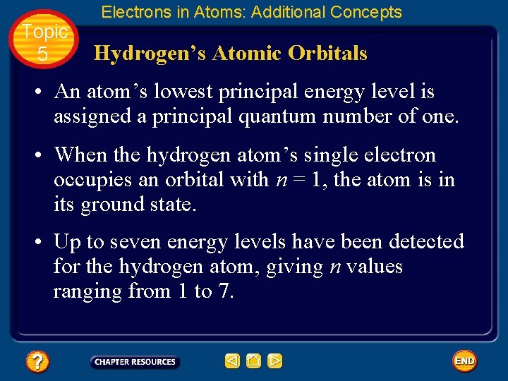 Topic 5 Electrons in Atoms: Additional Concepts Hydrogen’s Atomic Orbitals • An atom’s lowest