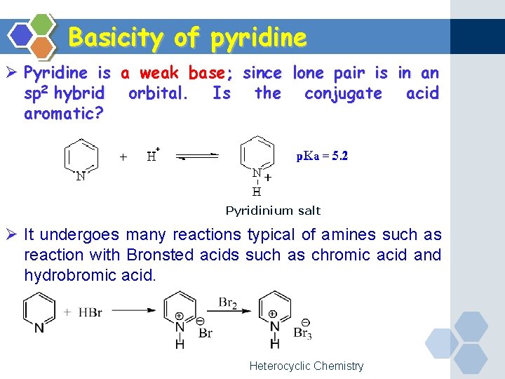 Basicity of pyridine Ø Pyridine is a weak base; since lone pair is in