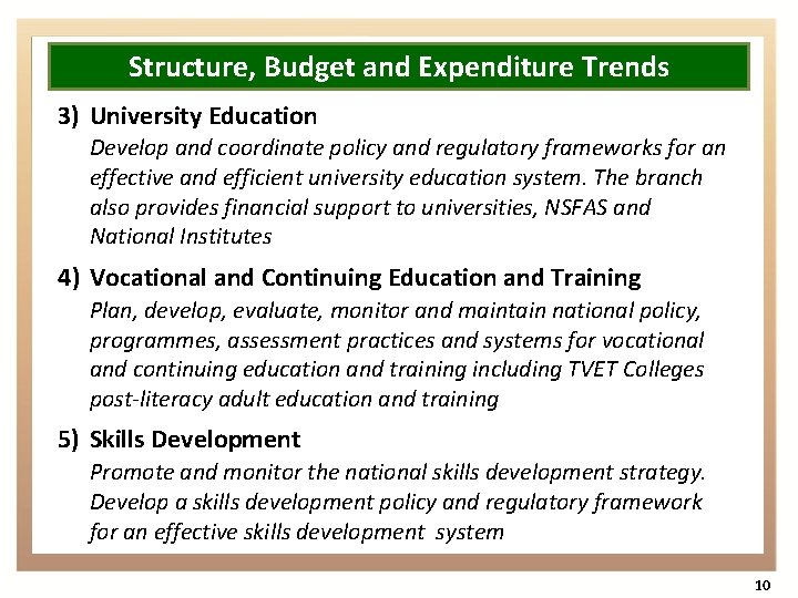 Structure, Budget and Expenditure Trends 3) University Education Develop and coordinate policy and regulatory