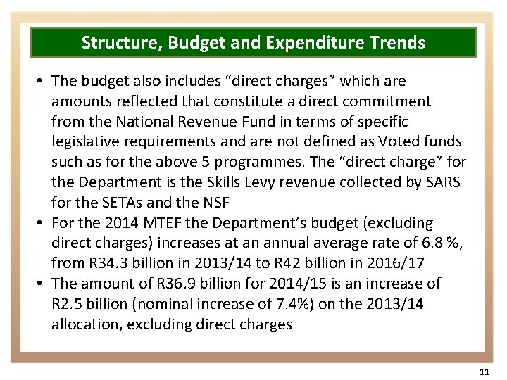 Structure, Budget and Expenditure Trends • The budget also includes “direct charges” which are