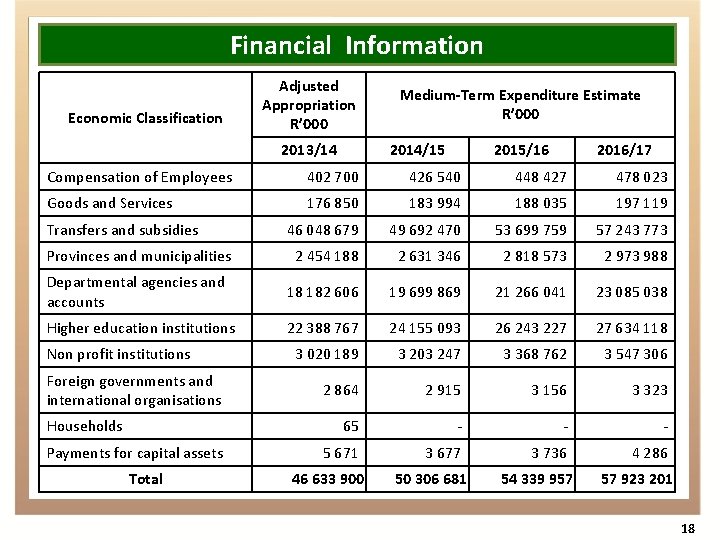 Financial Information Economic Classification Adjusted Appropriation R’ 000 2013/14 Medium-Term Expenditure Estimate R’ 000