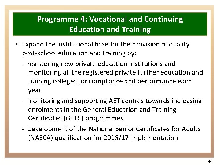 Programme 4: Vocational and Continuing Education and Training • Expand the institutional base for