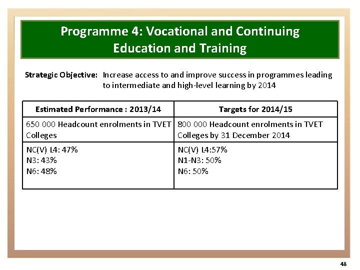 Programme 4: Vocational and Continuing Education and Training Strategic Objective: Increase access to and