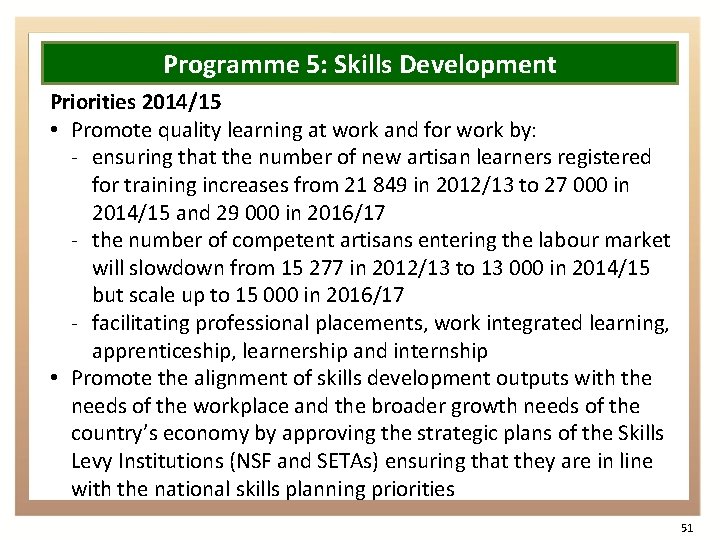 Programme 5: Skills Development Priorities 2014/15 • Promote quality learning at work and for