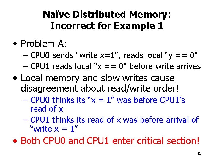 Naïve Distributed Memory: Incorrect for Example 1 • Problem A: – CPU 0 sends
