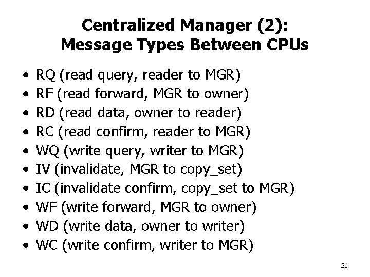 Centralized Manager (2): Message Types Between CPUs • • • RQ (read query, reader
