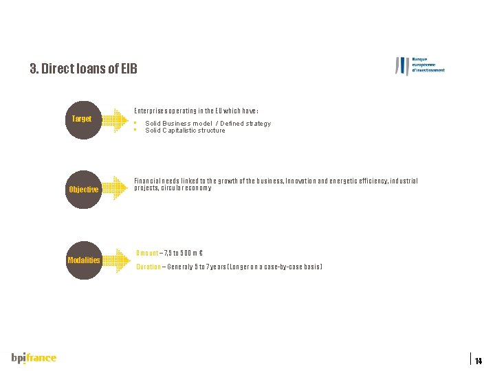 3. Direct loans of EIB Target Objective Modalities Enterprises operating in the EU which