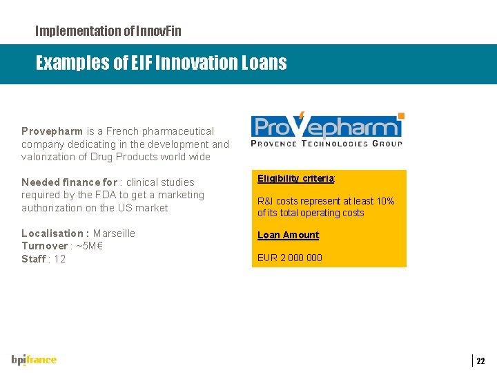 Implementation of Innov. Fin Examples of EIF Innovation Loans Provepharm is a French pharmaceutical