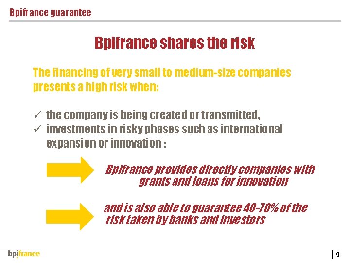 Bpifrance guarantee Bpifrance shares the risk The financing of very small to medium-size companies