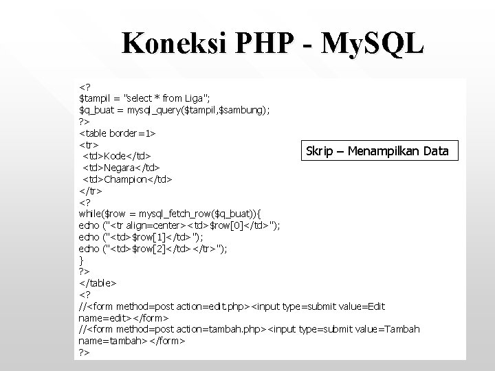 Koneksi PHP - My. SQL <? $tampil = "select * from Liga"; $q_buat =