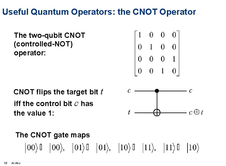 Useful Quantum Operators: the CNOT Operator The two-qubit CNOT (controlled-NOT) operator: CNOT flips the