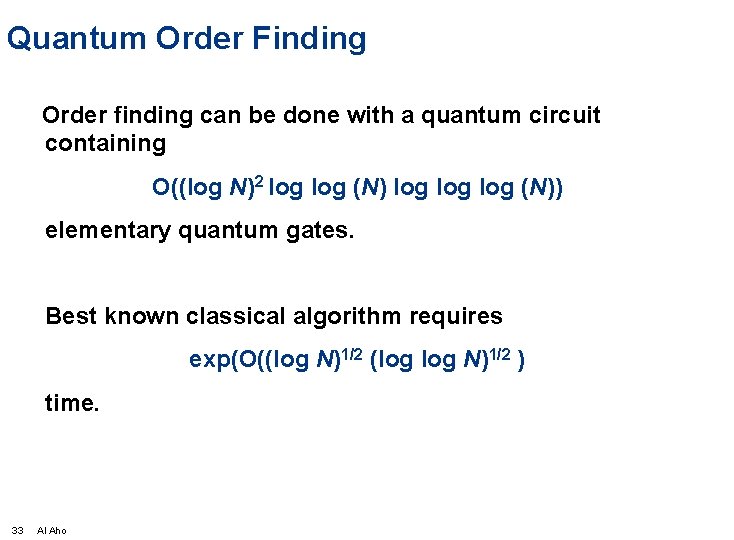 Quantum Order Finding Order finding can be done with a quantum circuit containing O((log