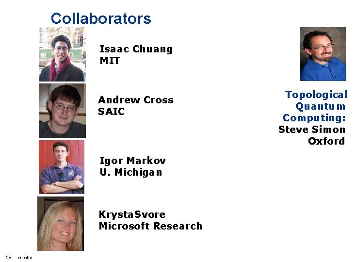 Collaborators Isaac Chuang MIT Andrew Cross SAIC Igor Markov U. Michigan Krysta Svore Microsoft