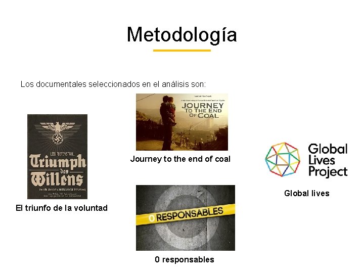 Metodología Los documentales seleccionados en el análisis son: Journey to the end of coal