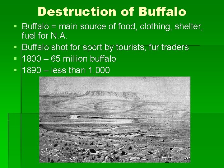 Destruction of Buffalo § Buffalo = main source of food, clothing, shelter, fuel for
