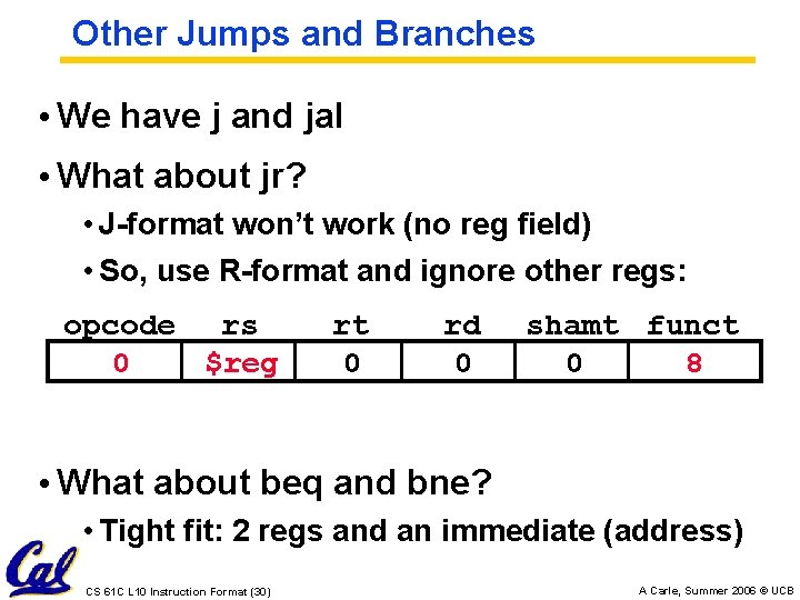 Other Jumps and Branches • We have j and jal • What about jr?