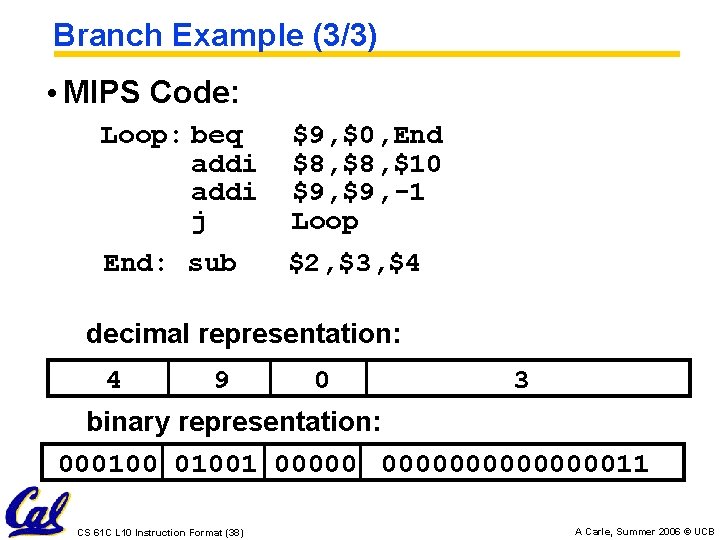 Branch Example (3/3) • MIPS Code: Loop: beq addi j End: sub $9, $0,
