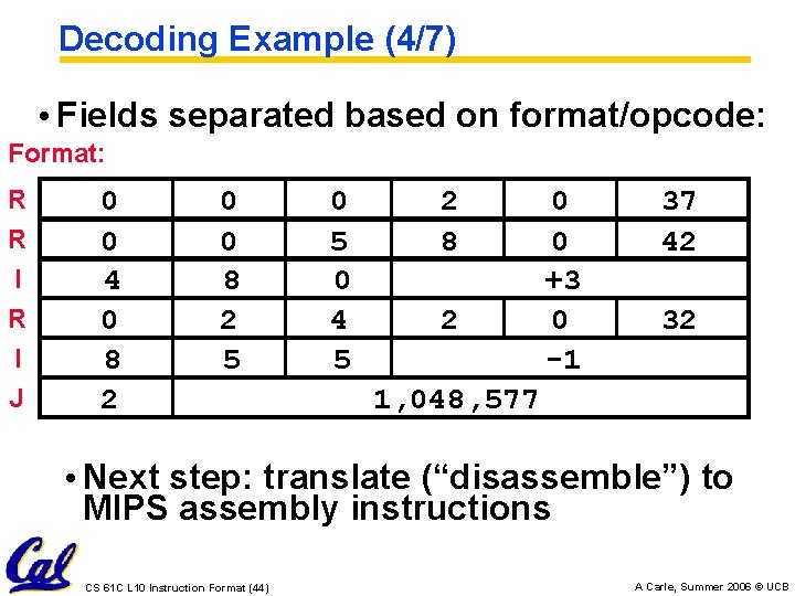 Decoding Example (4/7) • Fields separated based on format/opcode: Format: R R I J