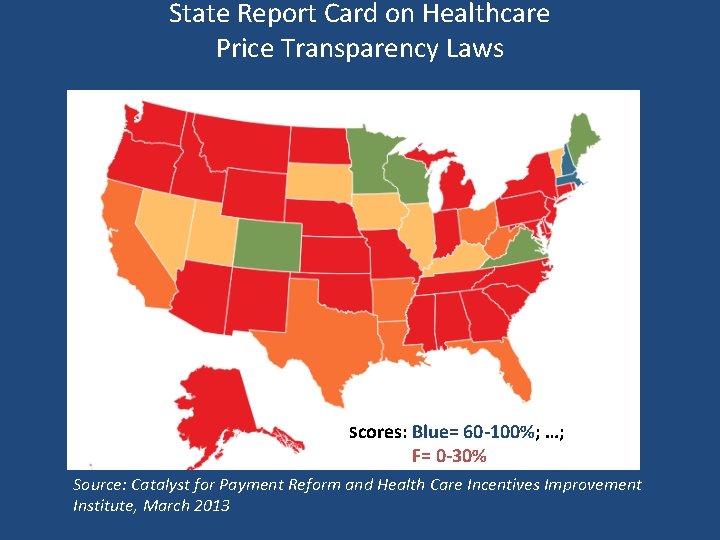 State Report Card on Healthcare Price Transparency Laws Scores: Blue= 60 -100%; …; F=