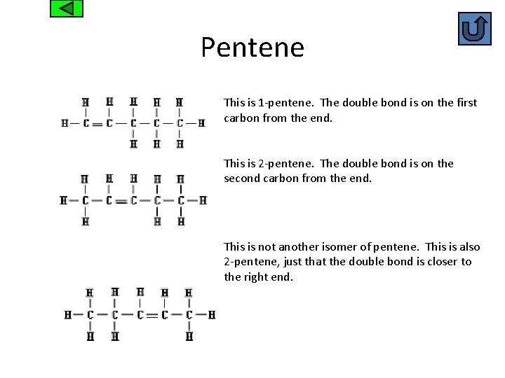 Pentene This is 1 -pentene. The double bond is on the first carbon from