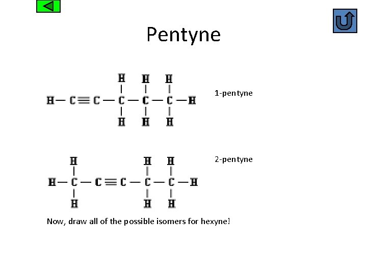 Pentyne 1 -pentyne 2 -pentyne Now, draw all of the possible isomers for hexyne!