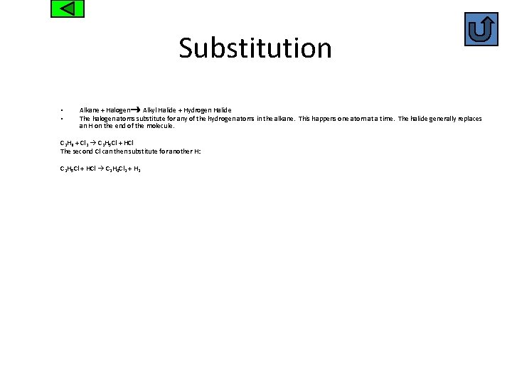 Substitution • • Alkane + Halogen Alkyl Halide + Hydrogen Halide The halogen atoms