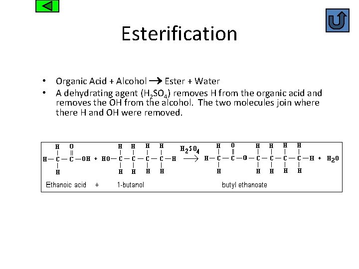Esterification • Organic Acid + Alcohol Ester + Water • A dehydrating agent (H