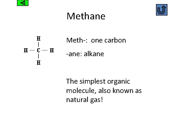 Methane Meth-: one carbon -ane: alkane The simplest organic molecule, also known as natural