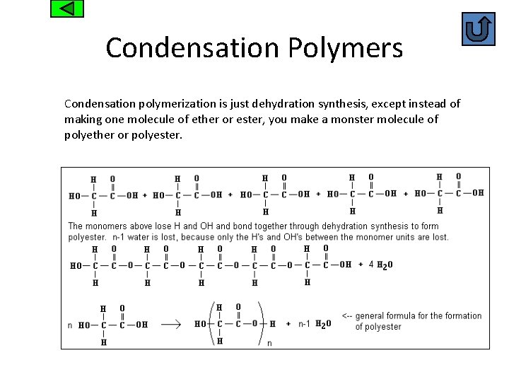 Condensation Polymers Condensation polymerization is just dehydration synthesis, except instead of making one molecule