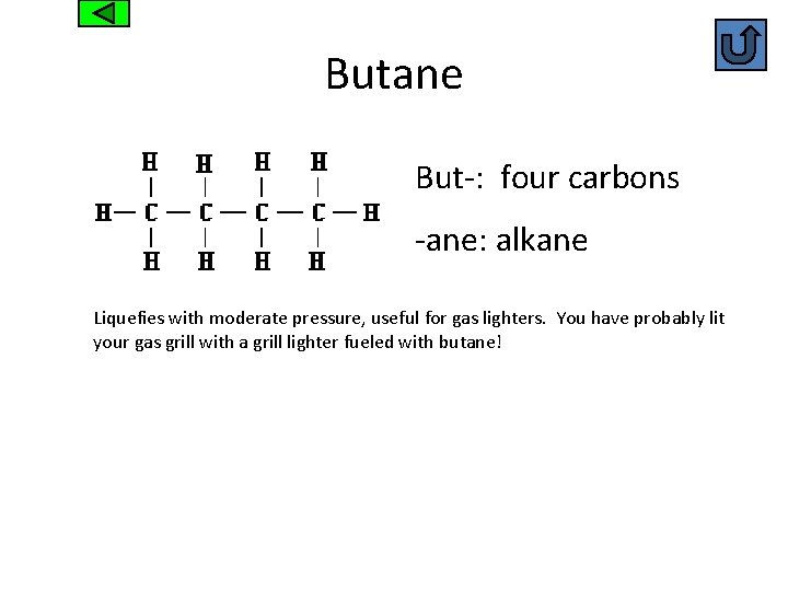 Butane But-: four carbons -ane: alkane Liquefies with moderate pressure, useful for gas lighters.