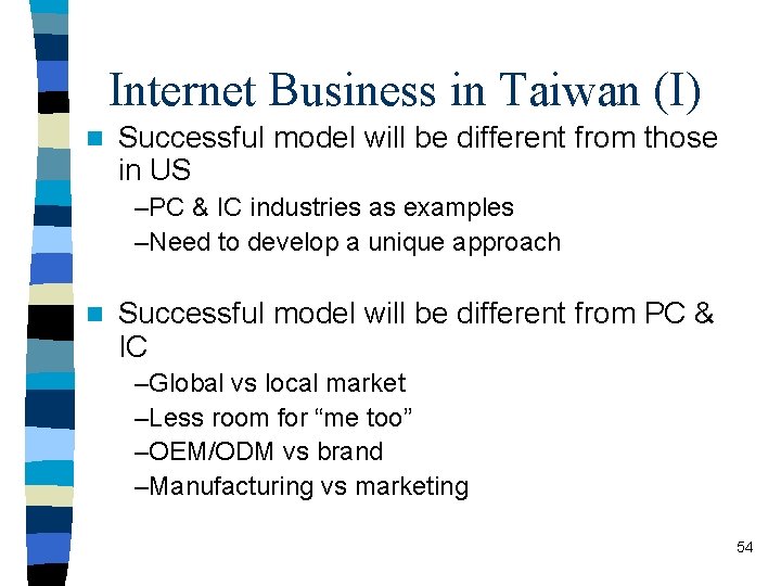 Internet Business in Taiwan (I) n Successful model will be different from those in