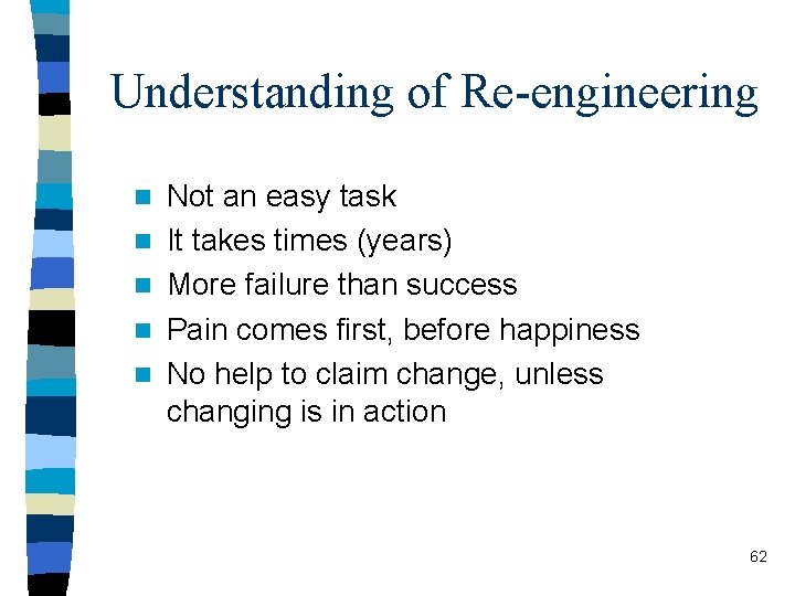 Understanding of Re-engineering n n n Not an easy task It takes times (years)