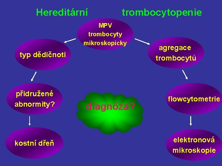 Hereditární trombocytopenie MPV trombocyty mikroskopicky typ dědičnoti přidružené abnormity? kostní dřeň diagnóza? agregace trombocytů