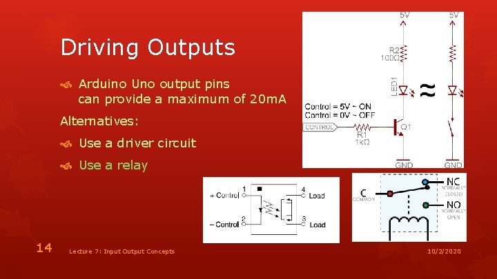 Driving Outputs Arduino Uno output pins can provide a maximum of 20 m. A