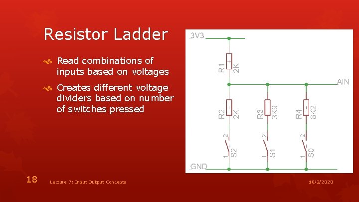 Resistor Ladder Read combinations of inputs based on voltages Creates different voltage dividers based