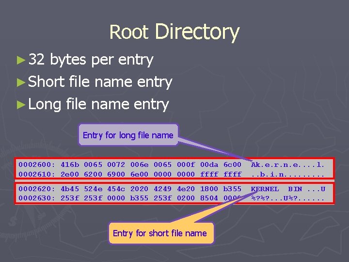 Root Directory ► 32 bytes per entry ► Short file name entry ► Long