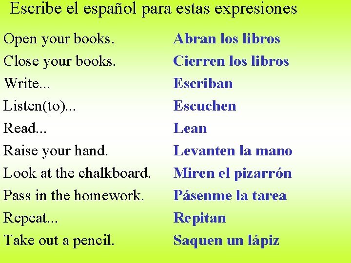 Escribe el español para estas expresiones Open your books. Close your books. Write. .